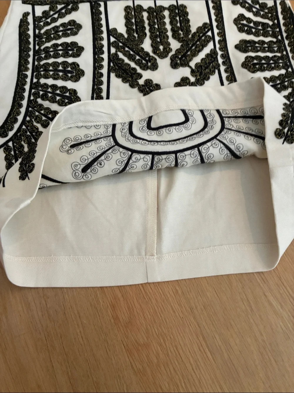 Blue Rain Cream Mini Skirt with Black Beaded Embroidery